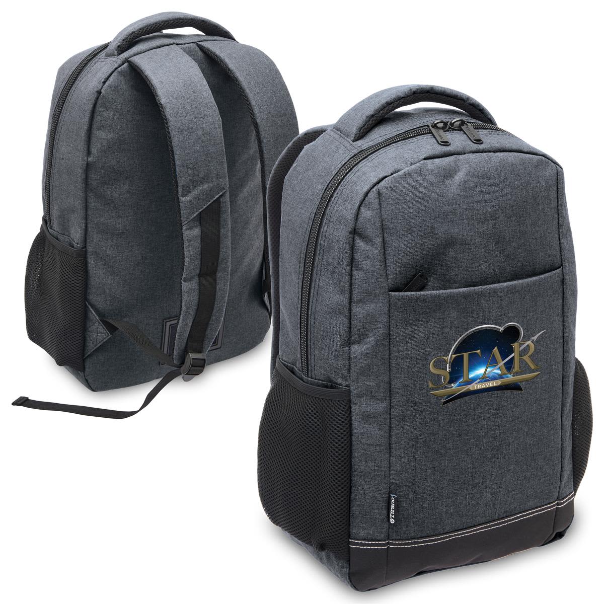A grey laptop backpack featuring a branded logo, with side mesh pockets and adjustable shoulder straps. Tirano Laptop Backpack - Image 1