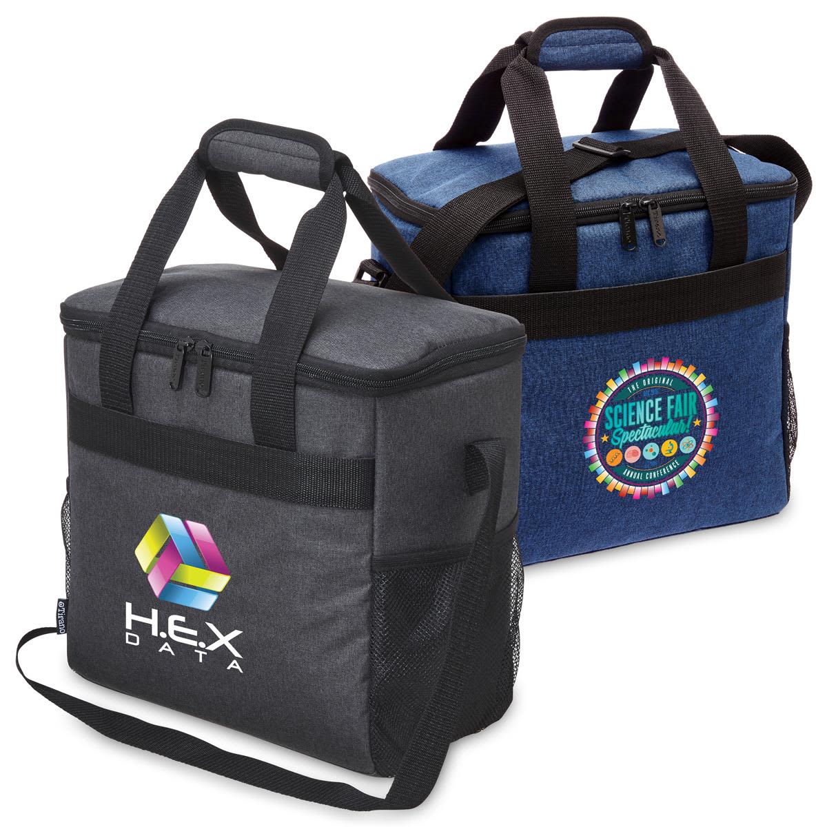 A dual set of cooler bags in black and navy blue, featuring handles and mesh pockets, with logos displayed. Tirano Cooler - Image 1
