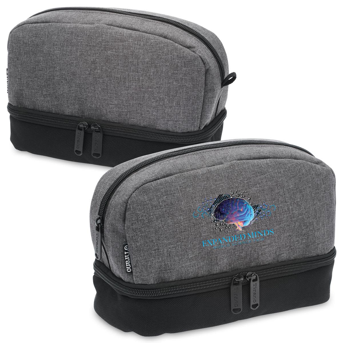 A grey toiletry bag with a black base, featuring a logo on the front. It has dual zip compartments. Tirano Toiletry Bag - Image 1