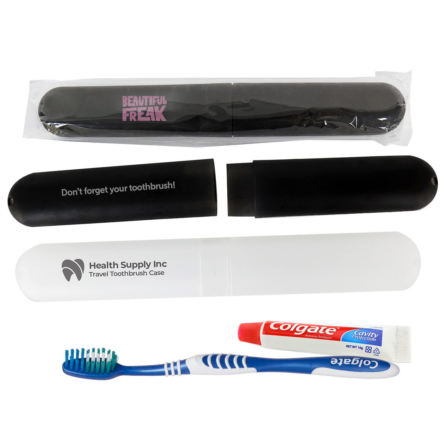 A travel toothbrush case in black and white, featuring a toothbrush in blue and white, and a small tube of toothpaste. Travel Toothbrush & 10g Paste Case - Image 1