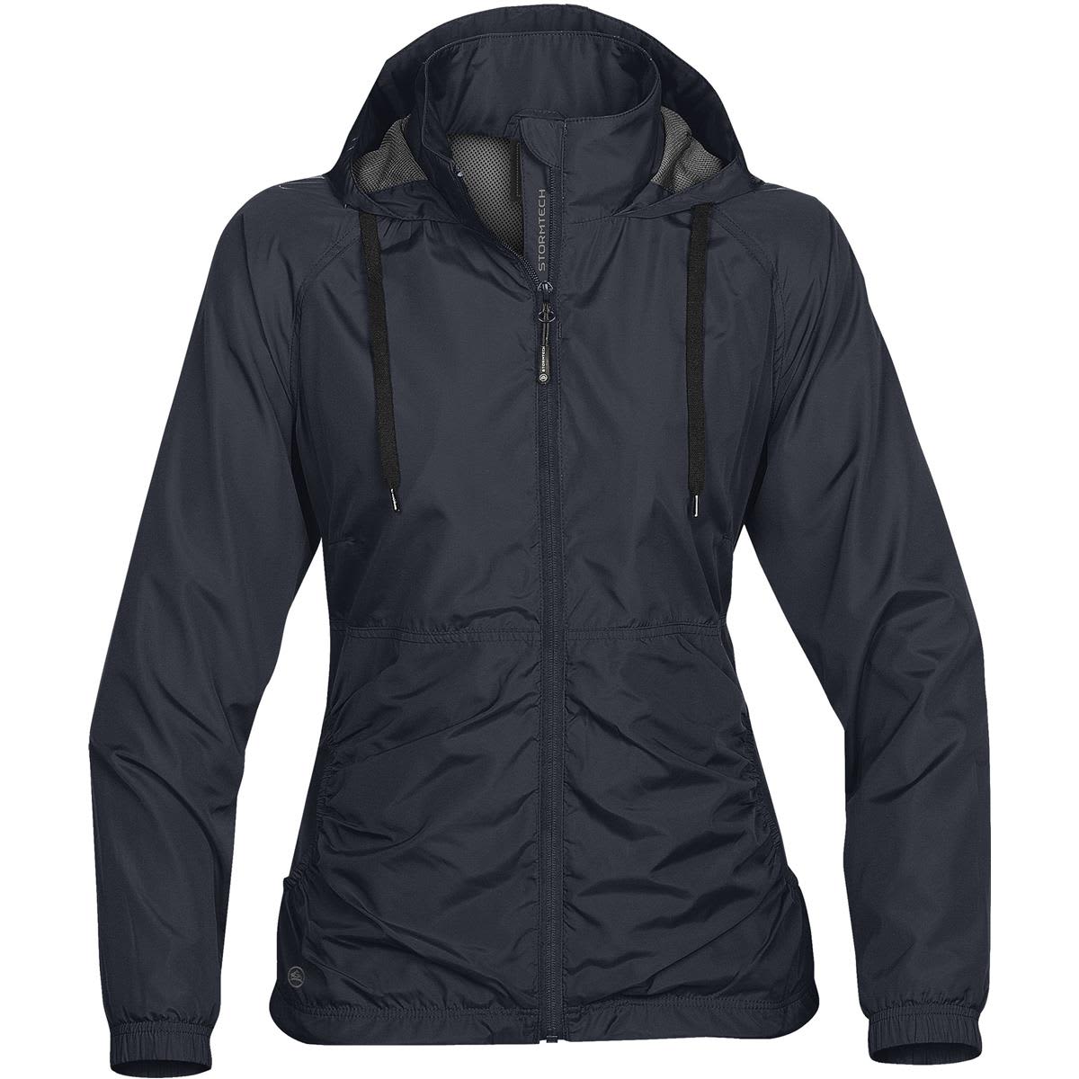 A dark navy women's rain jacket featuring a hood, zip closure, and elastic cuffs, with a branded logo. Women's Tritium Shell - Image 1