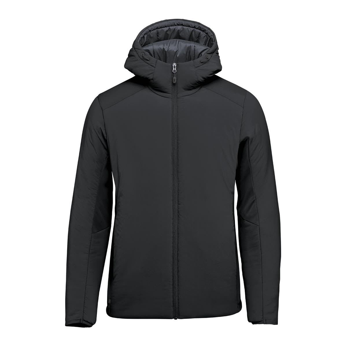 A black puffer jacket with a hood, featuring a front zipper and side pockets, and a logo on the left side. Men's Cascadia Thermal Jacket - Image 1