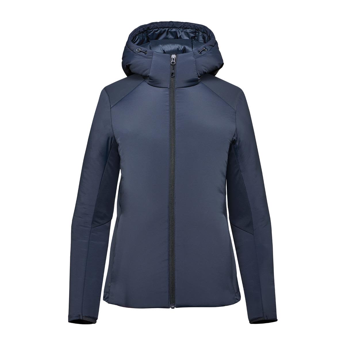 A women's puffer jacket in navy blue with a hood and front zip closure. It features a sleek design and has a logo. Women's Cascadia Thermal Jacket - Image 1