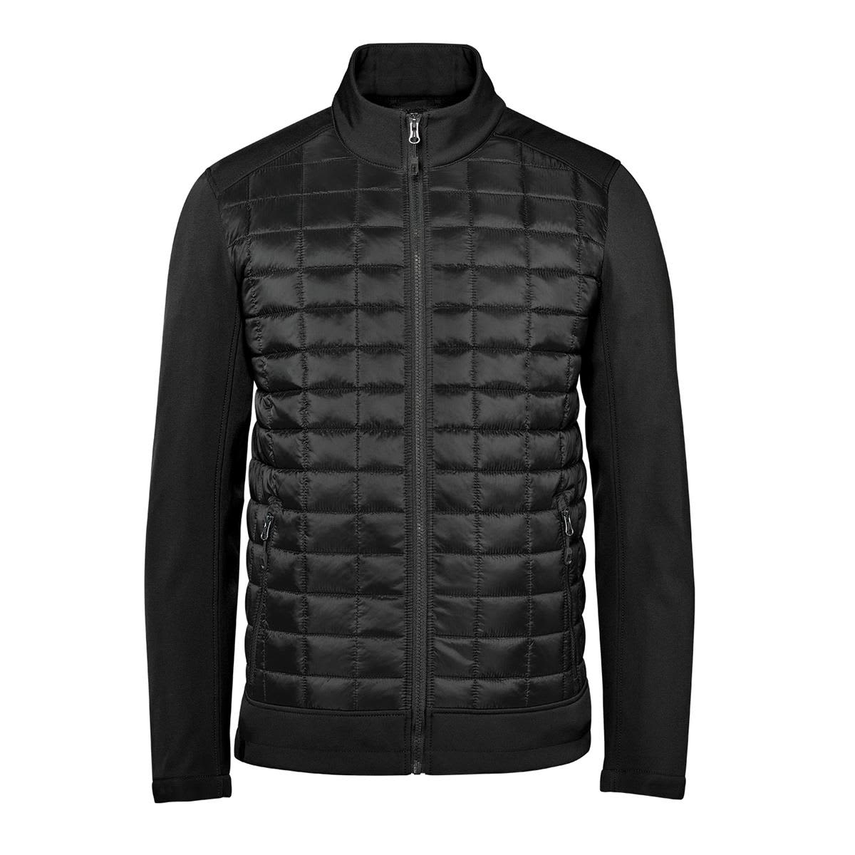 A black thermal softshell jacket with a quilted front and smooth sleeves, featuring a zippered front and side pockets. Men's Appalachian Thermal Softshell Jacket - Image 1