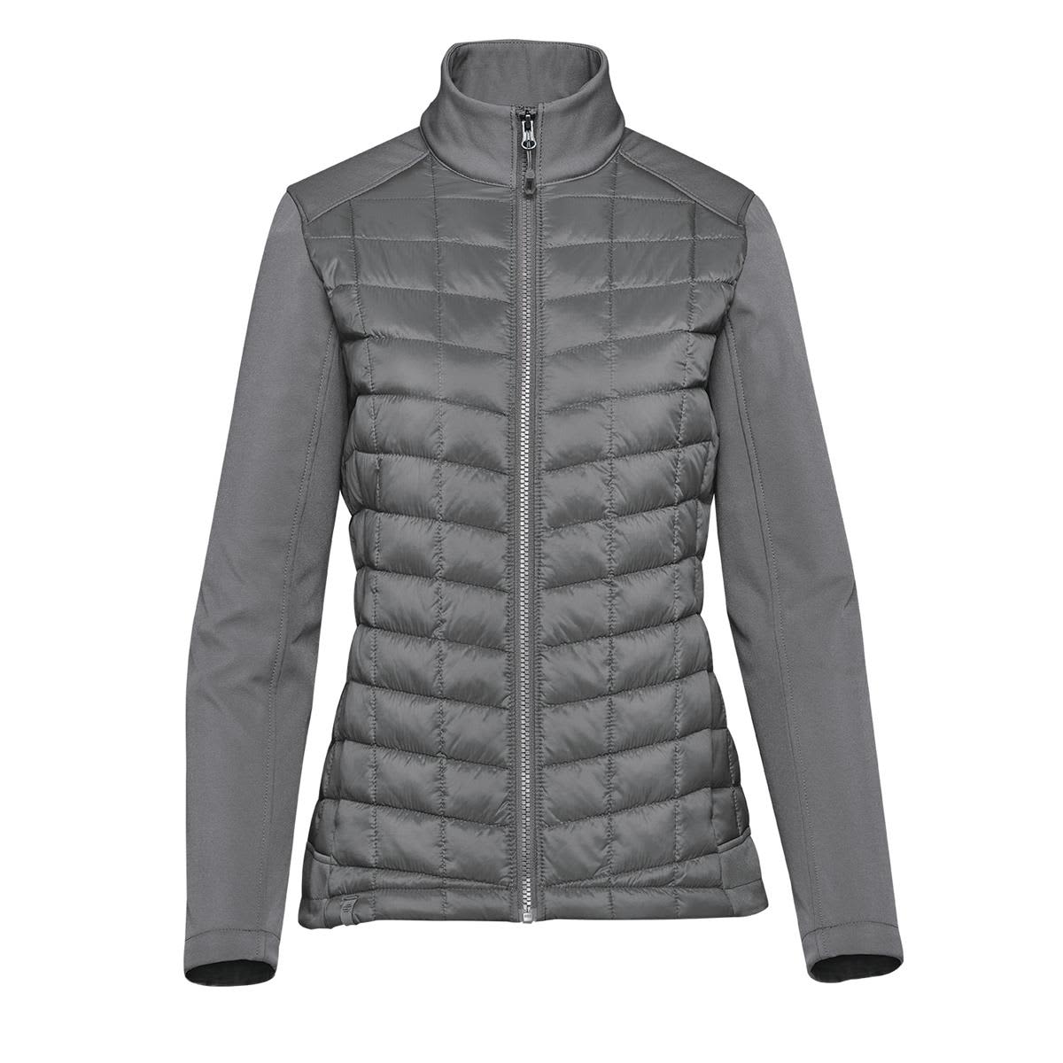 A grey women's softshell jacket featuring a quilted design and high collar, with a zippered front and branding. Women's Appalachian Thermal Softshell Jacket - Image 1
