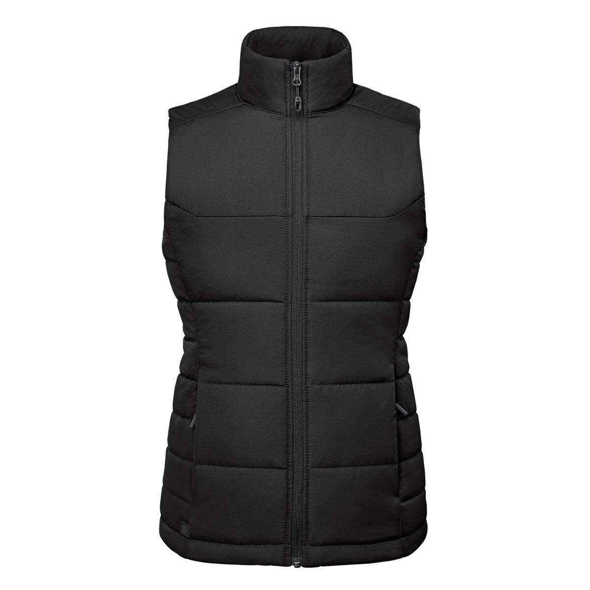 A black thermal vest featuring a high collar and zippered front, with padded sections and side pockets. Women's Sierra Thermal Vest - Image 1