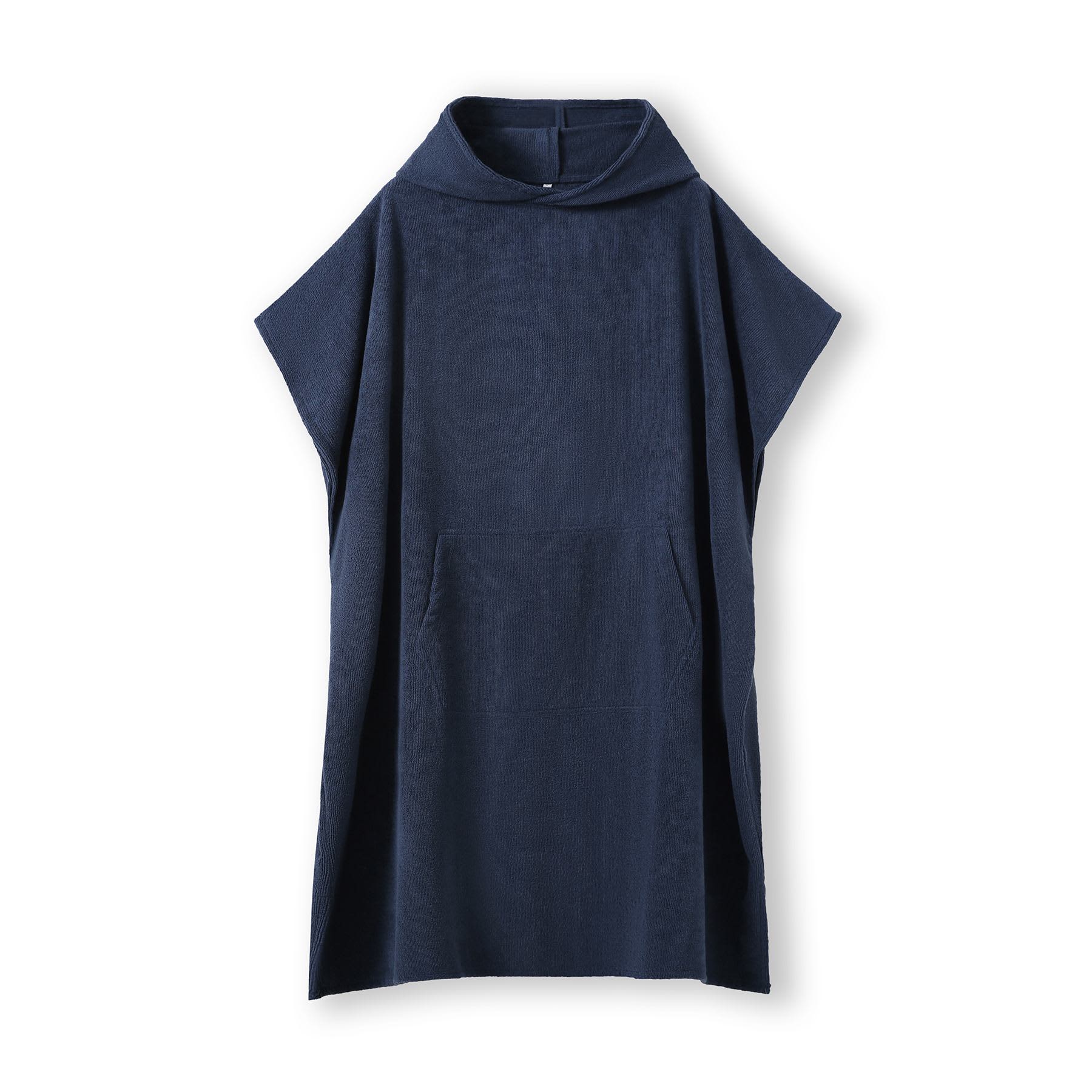 A navy hooded towel made of 380gsm polyester/nylon with a kangaroo pocket and branding. Adult's 380gsm polyester/nylon hooded towel with kangaroo pocket - Image 1