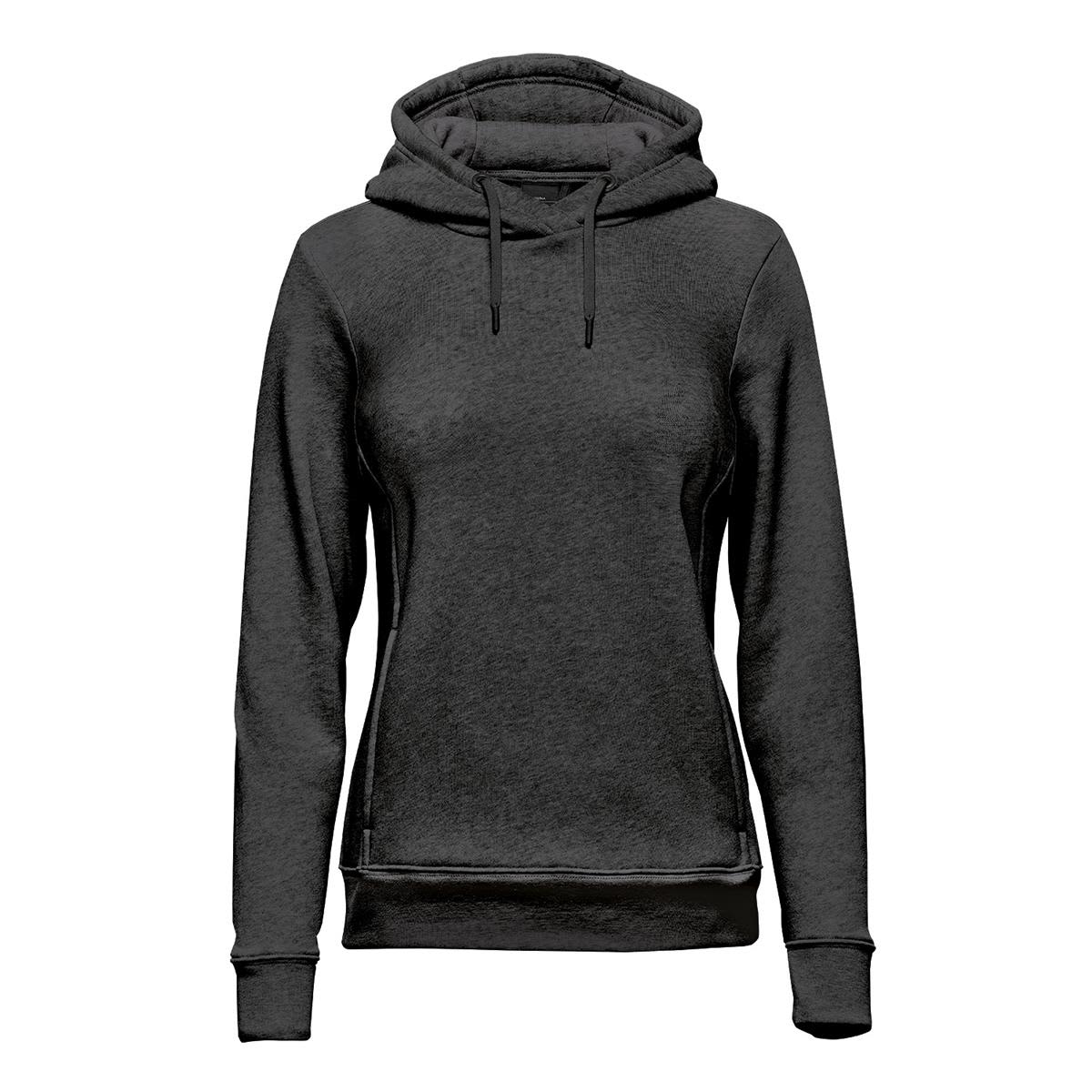 A black women's fleece pullover hoody with a hood and a logo on the front. Women's Monashee Fleece Pullover Hoody - Image 1