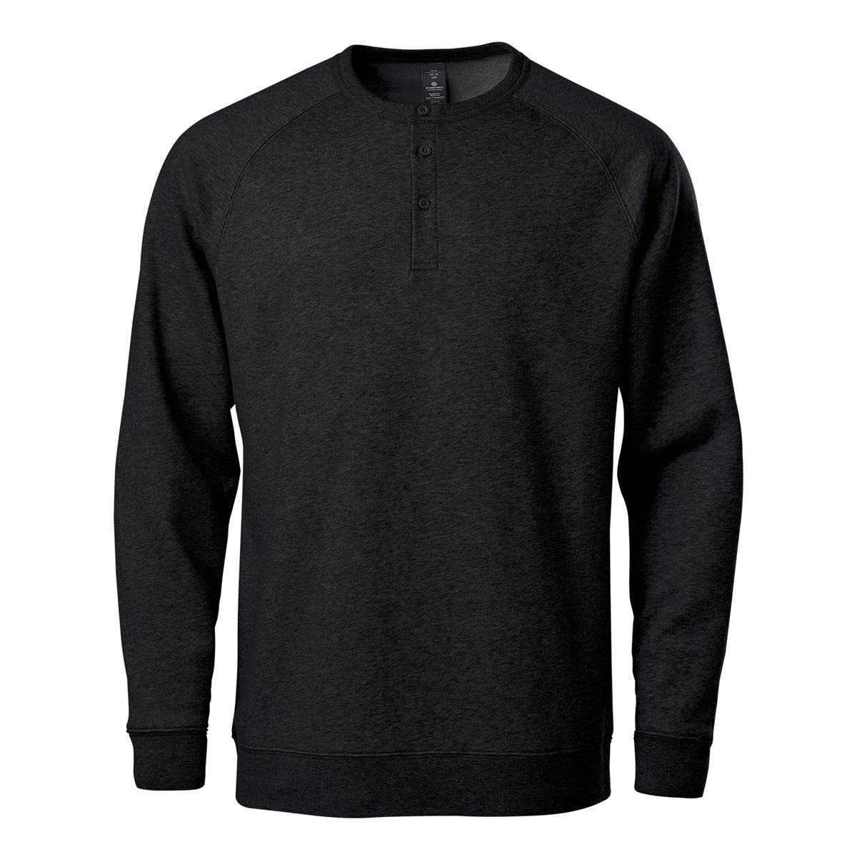 A black men's henley sweatshirt with a crew neck and button detail, featuring long raglan sleeves and a logo. Men's Monashee Henley - Image 1