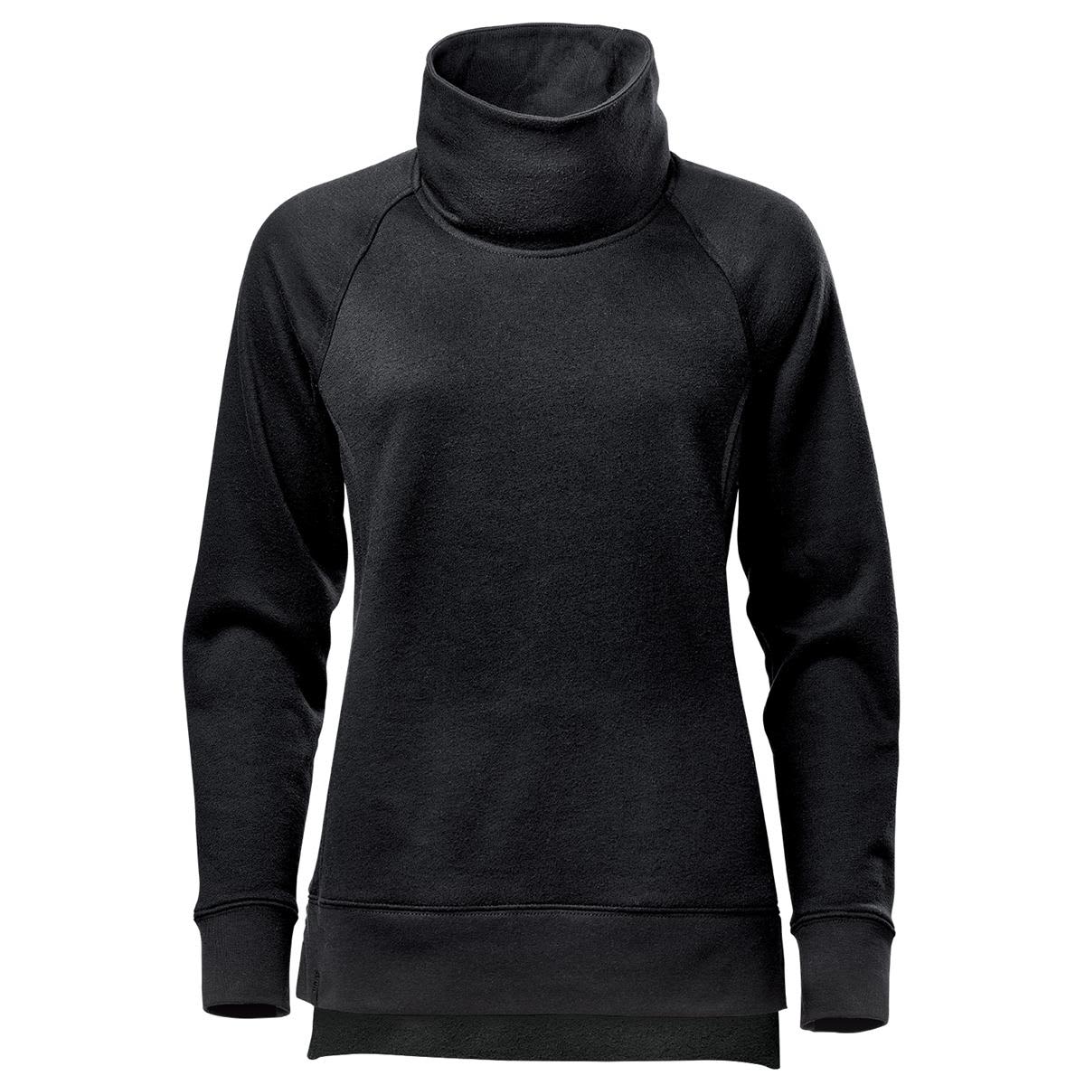 A black women's pullover jumper featuring a cowl neck design and long sleeves, with a subtle logo. Women's Monashee Cowl Neck Pullover - Image 1
