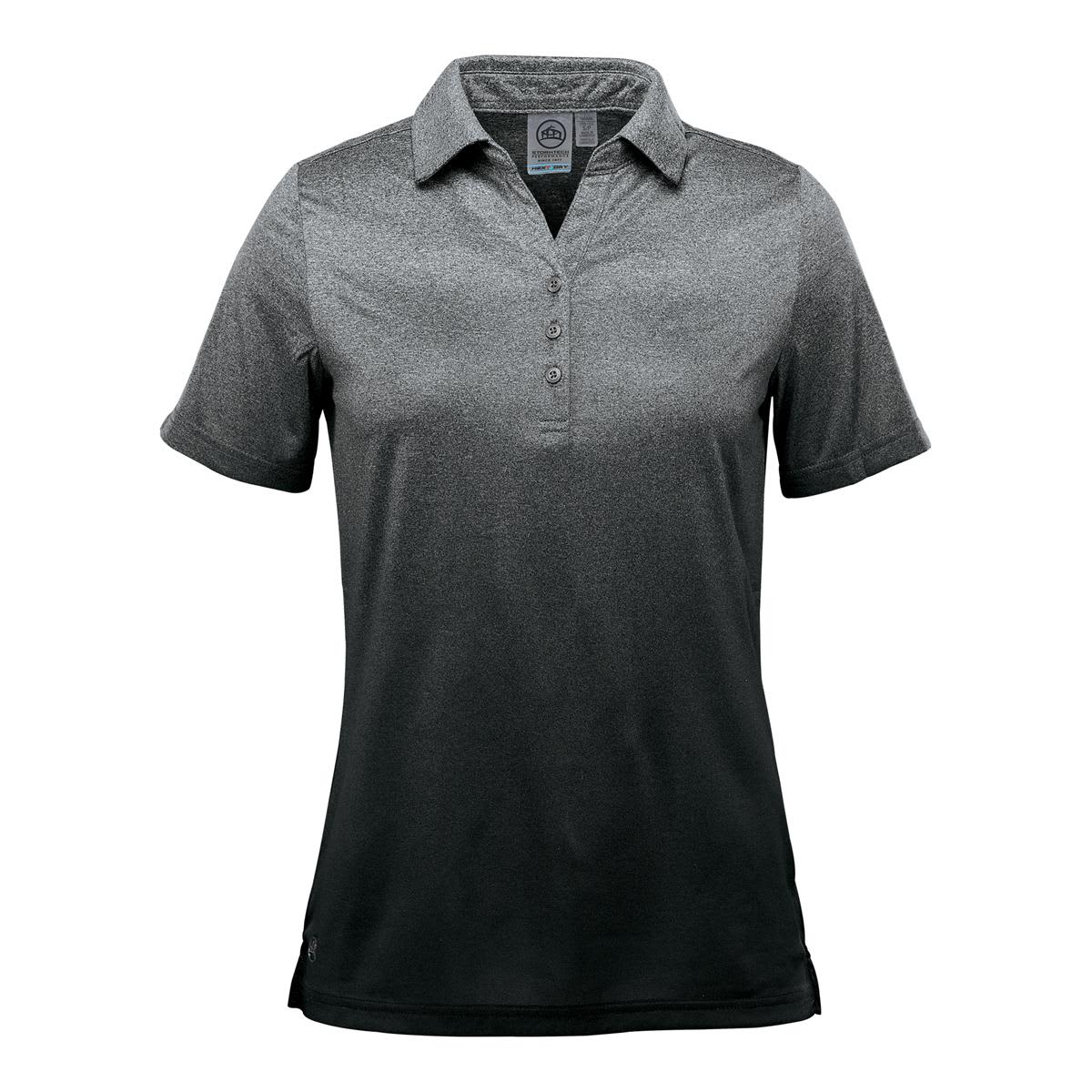 A women's polo shirt in gradient shades of grey, featuring a collar, short sleeves, and a logo. Women's Mirage Polo - Image 1