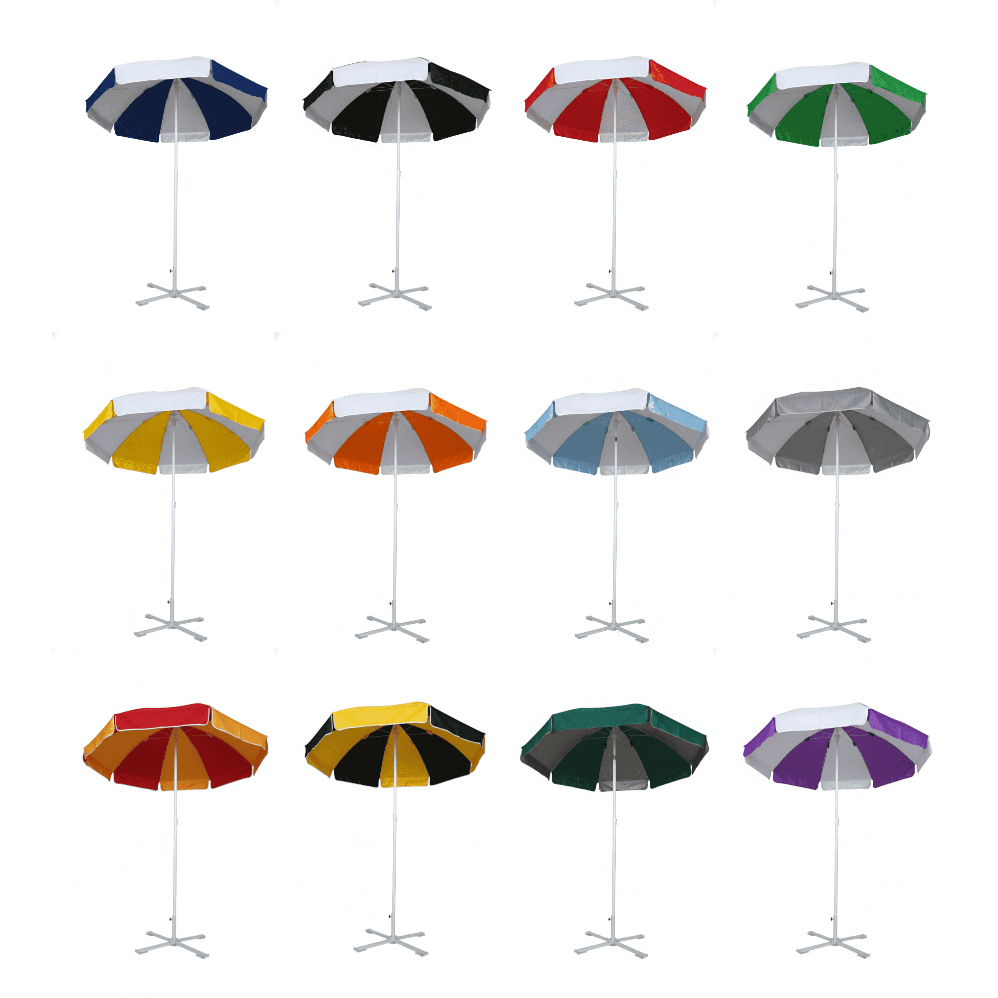 A collection of beach umbrellas in various colours, each featuring a sturdy base and a striped canopy design. Beach Umbrella - Image 1