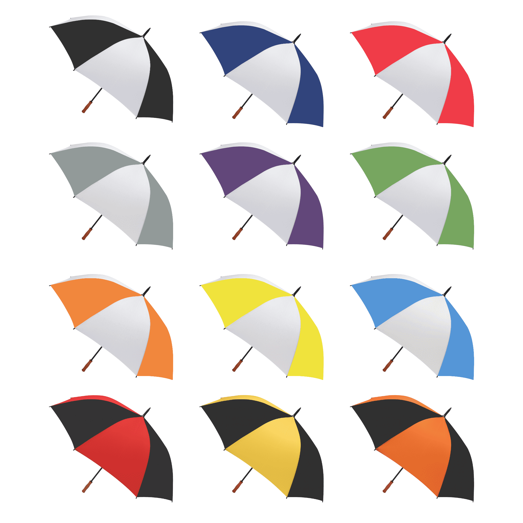 A collection of Bonville Golf Umbrellas in various colours: black, blue, red, green, orange, yellow, purple, and grey. Each features a wooden handle. Bonville Golf Umbrella - Image 1