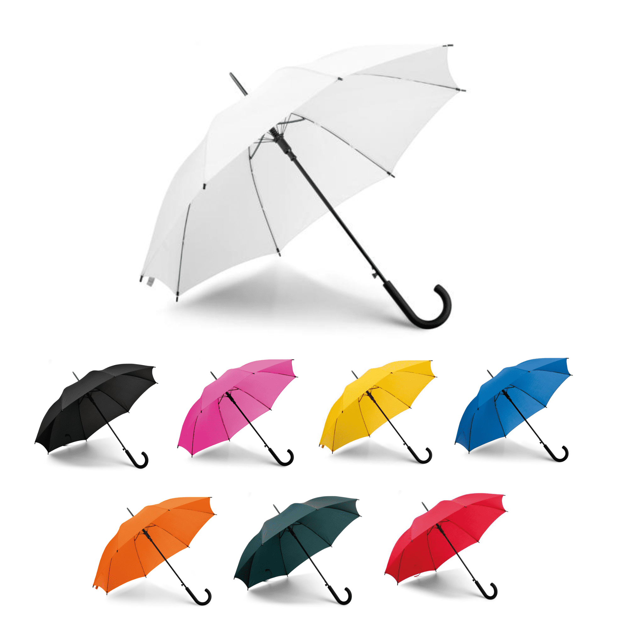 A collection of umbrellas in various colours: black, pink, yellow, blue, green, and white, featuring a curved handle. London Business Umbrella - Image 1