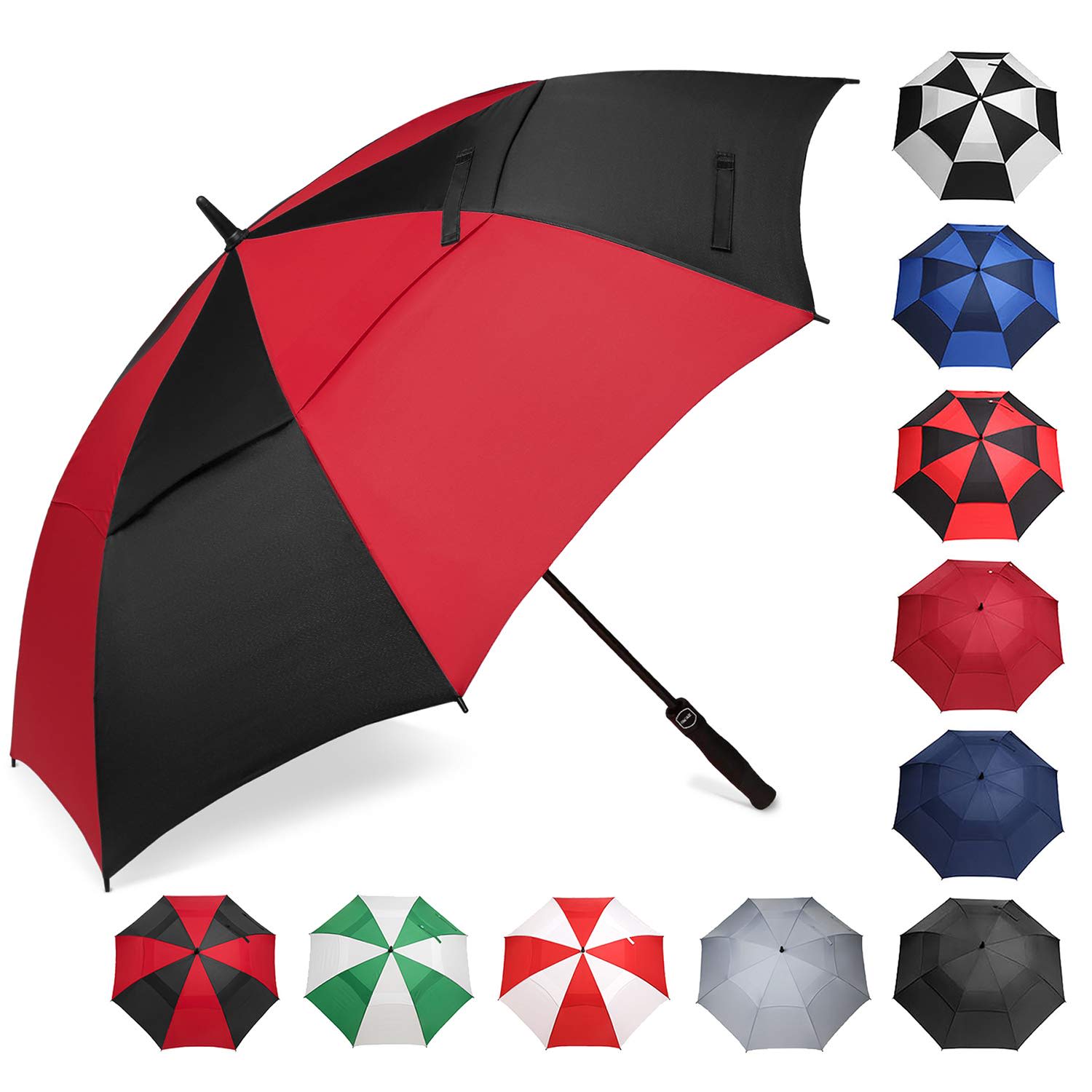 A large red and black golf umbrella with a sturdy handle, surrounded by various other umbrella colours and designs. St Andrews Golf Umbrella - Image 1