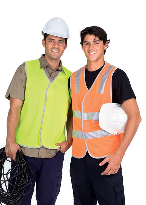 Two men wearing work vests, one in bright green and the other in orange, both wearing hard hats and holding equipment. 100% Polyeter Vest without reflective tape - Image 1