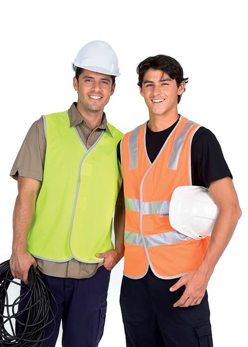 Two men wearing high-visibility vests, one in bright yellow and the other in orange, both with reflective tape and hard hats. 100% Polyeter Vest with 3M reflective tape - Image 1