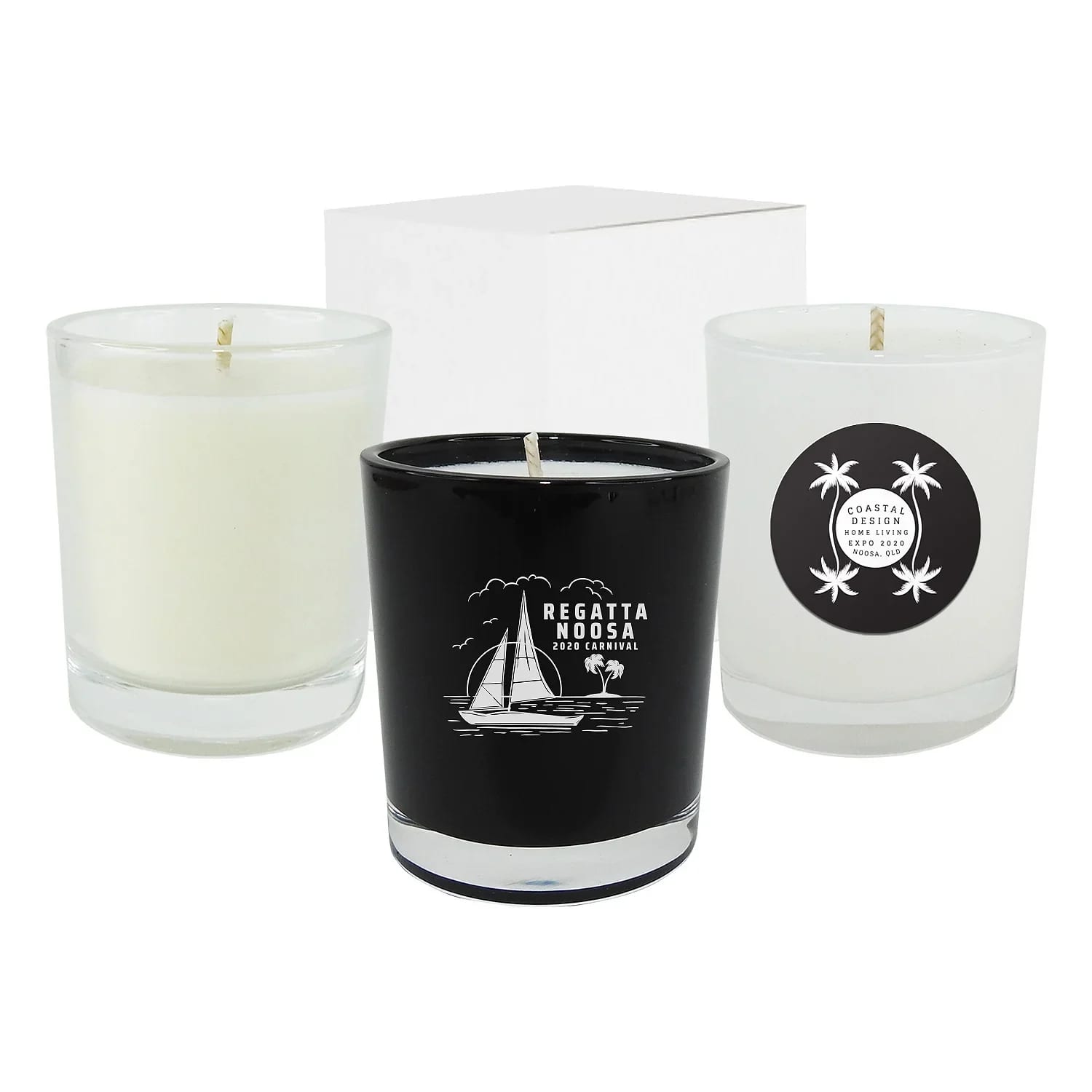 Three glass candles in black and white, featuring different designs, displayed with a white box in the background. Medium Glass Candle 180g - Image 1