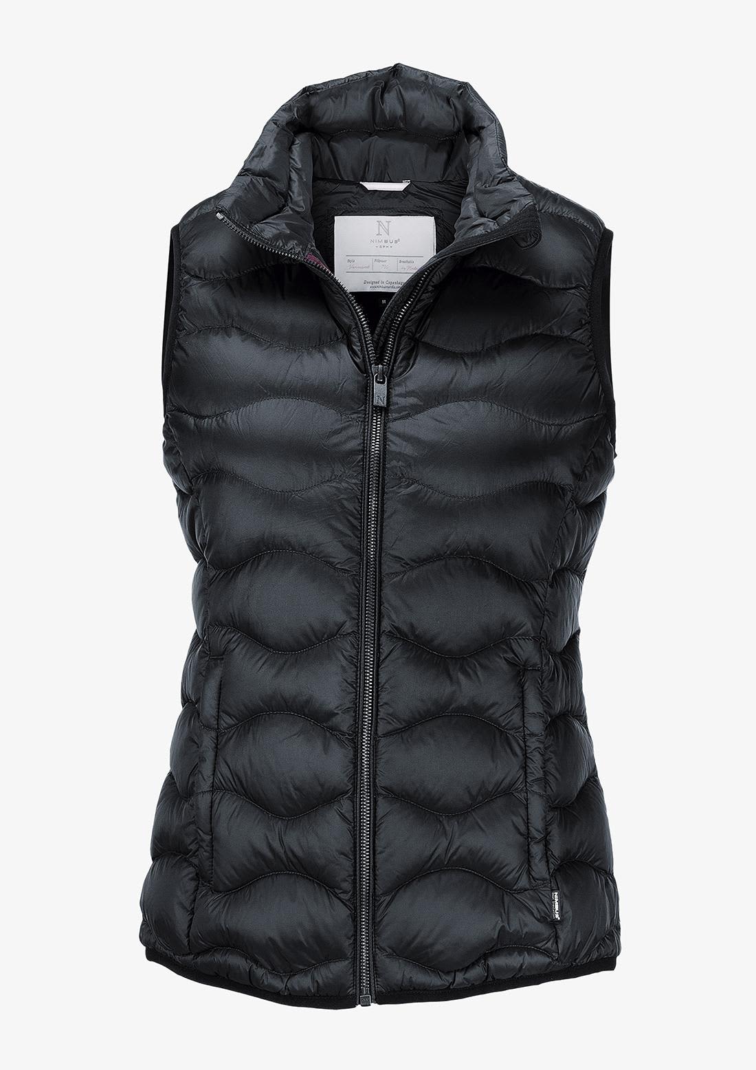 A black puffy vest featuring a zip front, high collar, and a logo on the side. Vermont Women Vest - Image 1