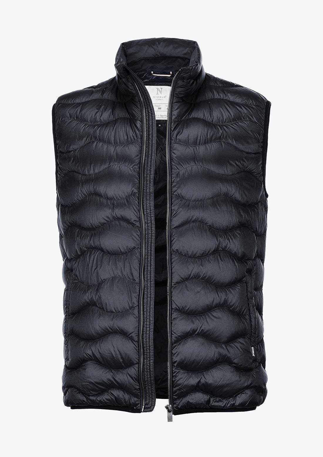 A black puffer vest with a zip front and a high collar, featuring a logo on the side. Vermont Men Vest - Image 1