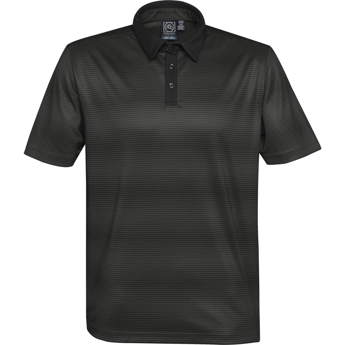 A dark green polo shirt with a contrasting black collar and a subtle striped pattern. It features a logo on the upper left. Men's Vibe Polo - Image 1