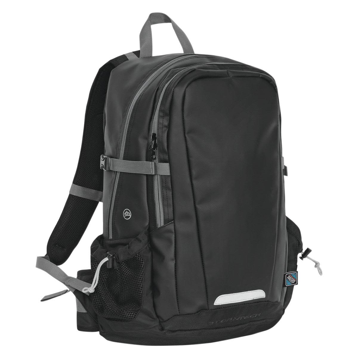 A sleek black backpack with multiple compartments, adjustable straps, and a mesh side pocket. It features a logo. Deluge BackPack - Image 1