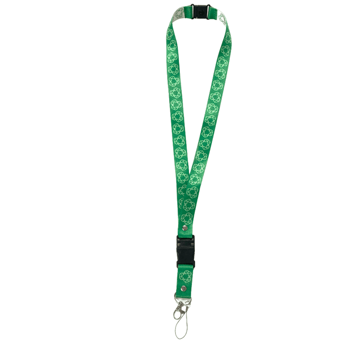 A green rPET USB sublimated lanyard featuring a floral pattern and a metal clip for attachments. rPET USB Sublimated Lanyard - Image 1