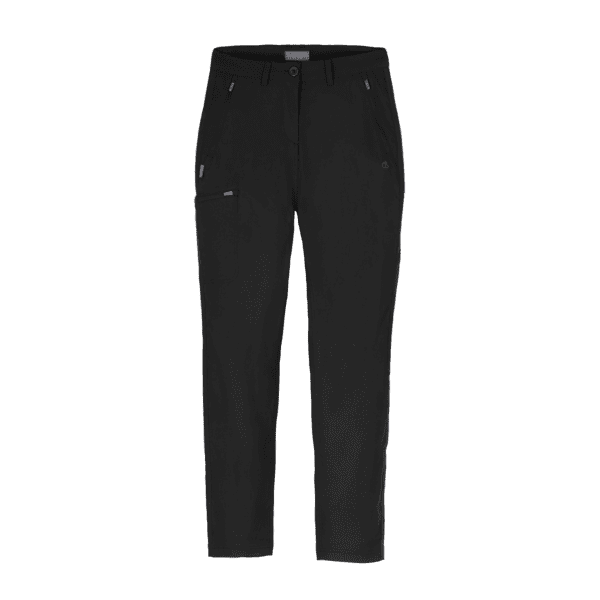 Black women's trousers featuring stretchy fabric, with multiple pockets and a logo on the waistband. Womens Kiwi Pro Stretch Trousers - Image 1