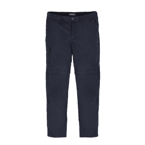 Navy blue convertible cargo trousers with multiple pockets and a logo. Designed for versatility and comfort. Kiwi Tailored Convertible Trousers - Image 1