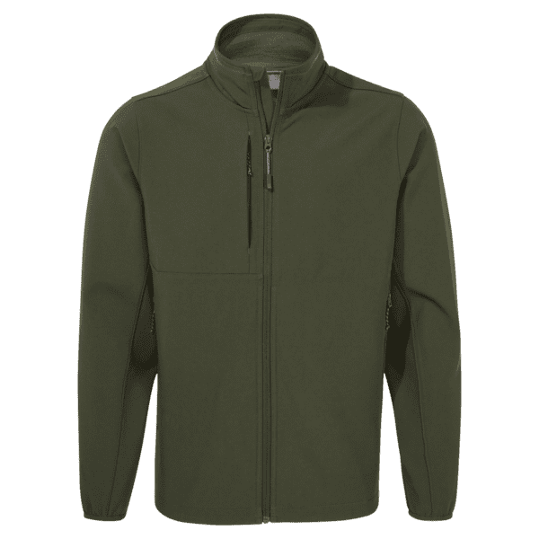 A softshell jacket in a dark green colour, featuring a zip front and multiple pockets. It has a logo on it. Basecamp Softshell Jacket - Image 1