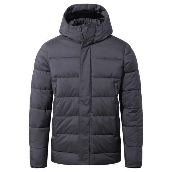 A winter padded jacket in dark grey featuring a hood and zippered pockets, with a plain design and branding. Winter Padded Jacket - Image 1
