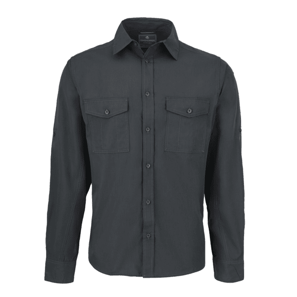 A dark grey button-up shirt with long sleeves and two chest pockets, featuring a logo on the label. Kiwi LS Shirt - Image 1