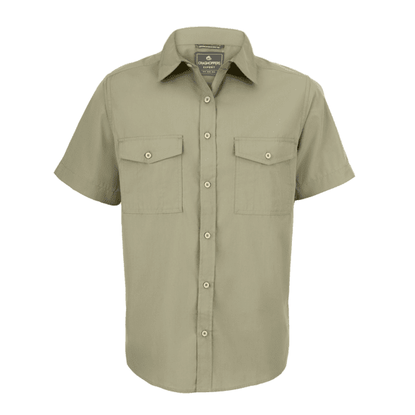 A short-sleeved shirt in olive green, featuring two chest pockets and a button-down front. It has a logo on the label. Kiwi SS Shirt - Image 1