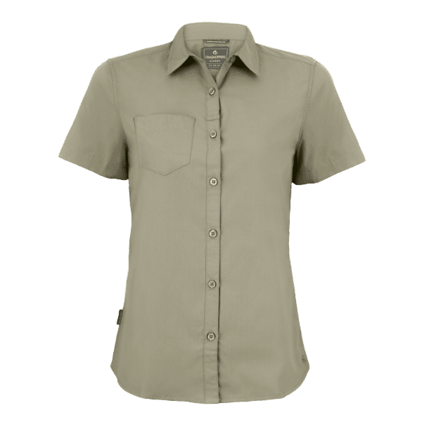 A short-sleeved, button-up women's shirt in a light green colour, featuring one chest pocket and a small logo. Womens Kiwi SS Shirt - Image 1