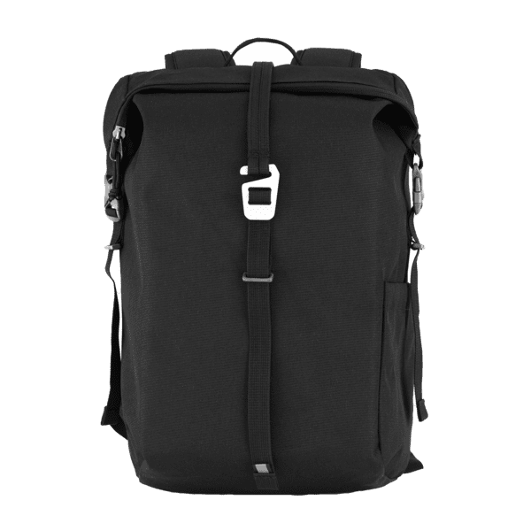 A black rolltop backpack featuring a buckle closure, side pockets, and adjustable straps. Includes a logo. Kiwi Classic Rolltop 16L - Image 1