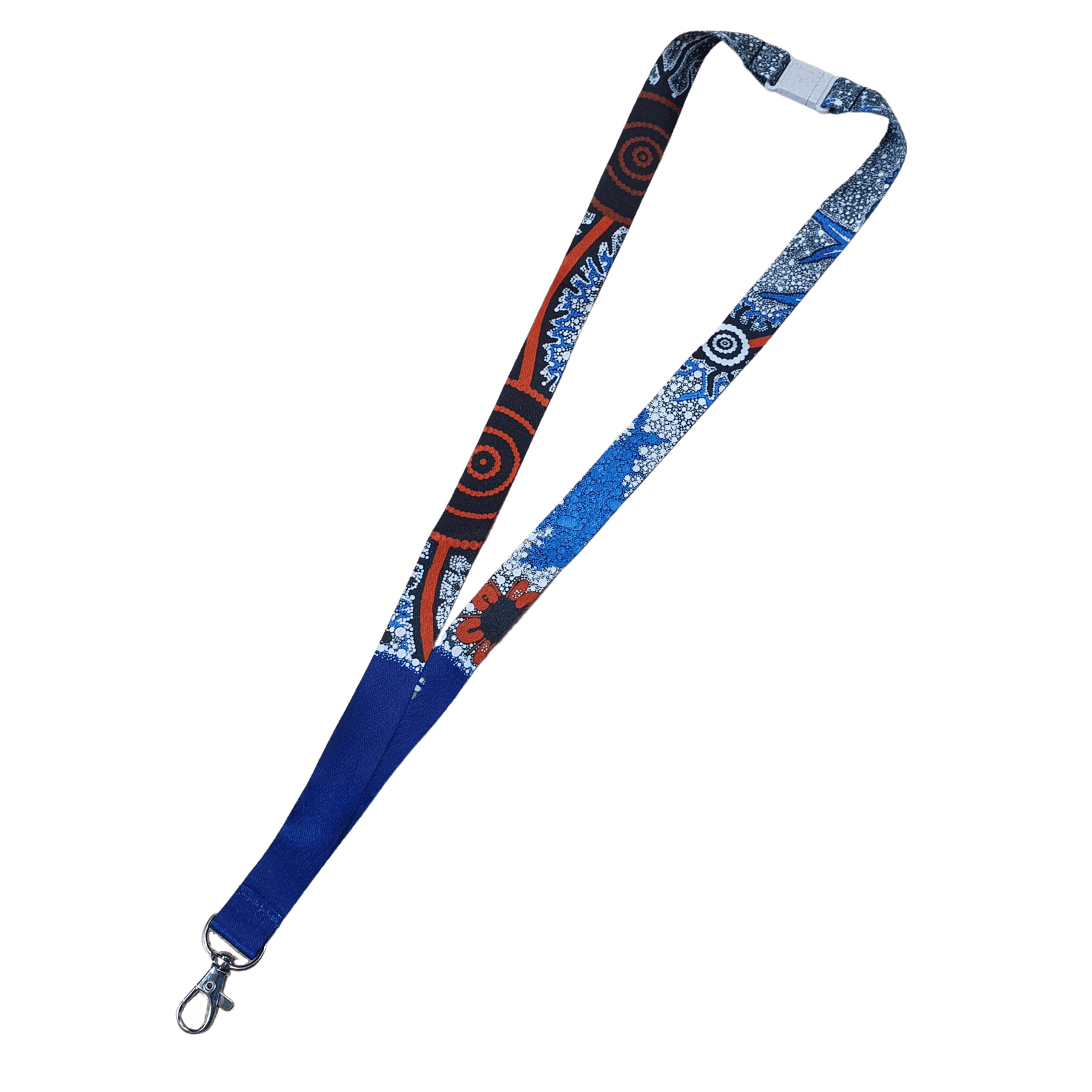 Wheat straw safety clip lanyard featuring a vibrant blue and red design with a metal clip. Wheat Straw Safety Clip rPET Lanyard - Image 1