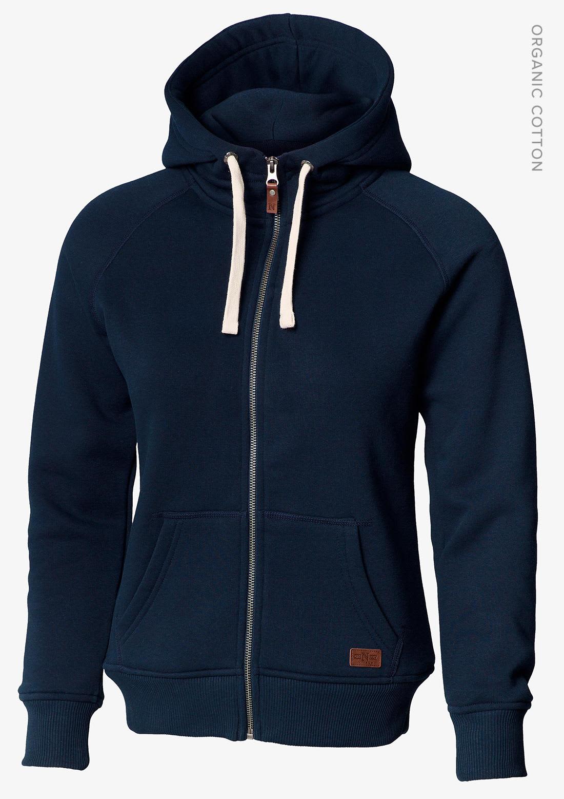 A navy blue hooded jacket with a full front zip, featuring a logo and made from organic cotton. Williamsburg Women Jacket - Image 1
