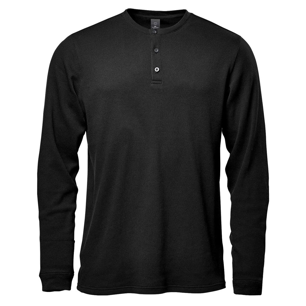 A black long-sleeve Henley shirt featuring a buttoned neckline and a textured design. The shirt has a logo. Men's Ashburn Henley - Image 1