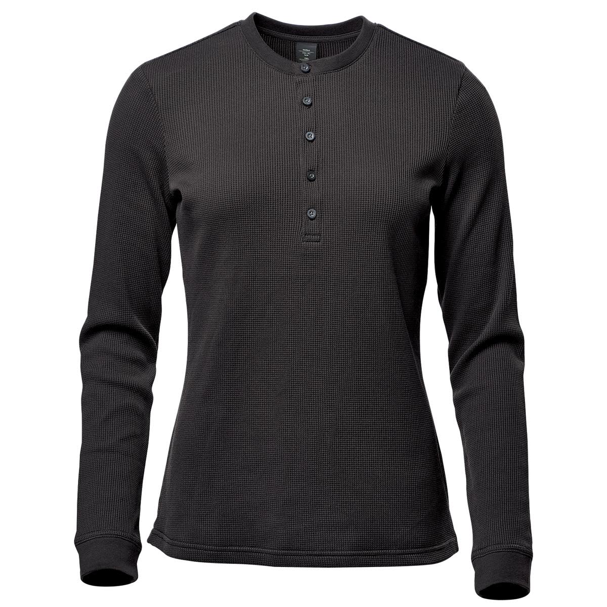 A long-sleeve women's Henley shirt in black, featuring a buttoned neckline and a textured fabric. Women's Ashburn Henley - Image 1