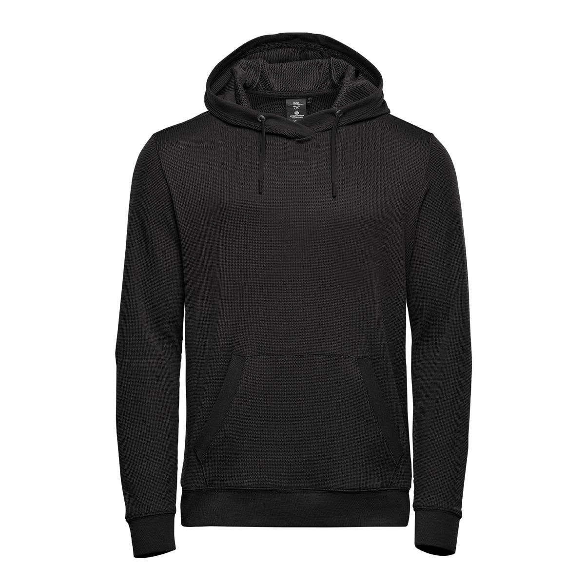 A black pullover hoody featuring a front pocket and a drawstring hood, with a logo on the chest. Men's Ashburn Pullover Hoody - Image 1