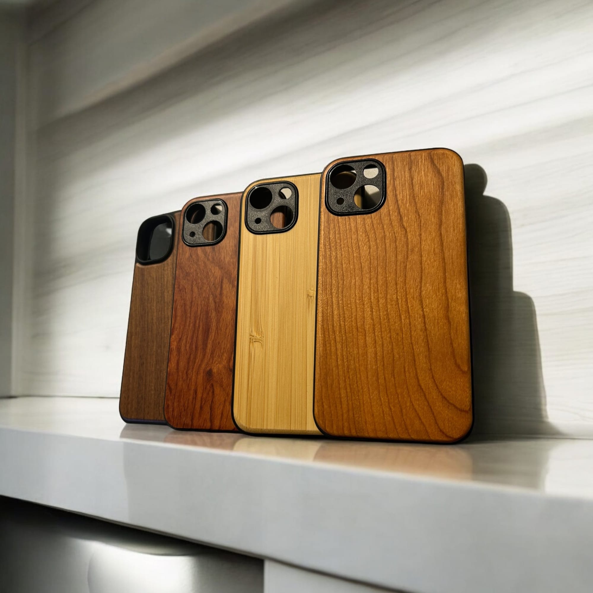 A collection of wooden iPhone cases in various shades, displayed on a shelf with soft lighting. Each case has a unique grain pattern and finish. Wooden IPhone Case - Image 1