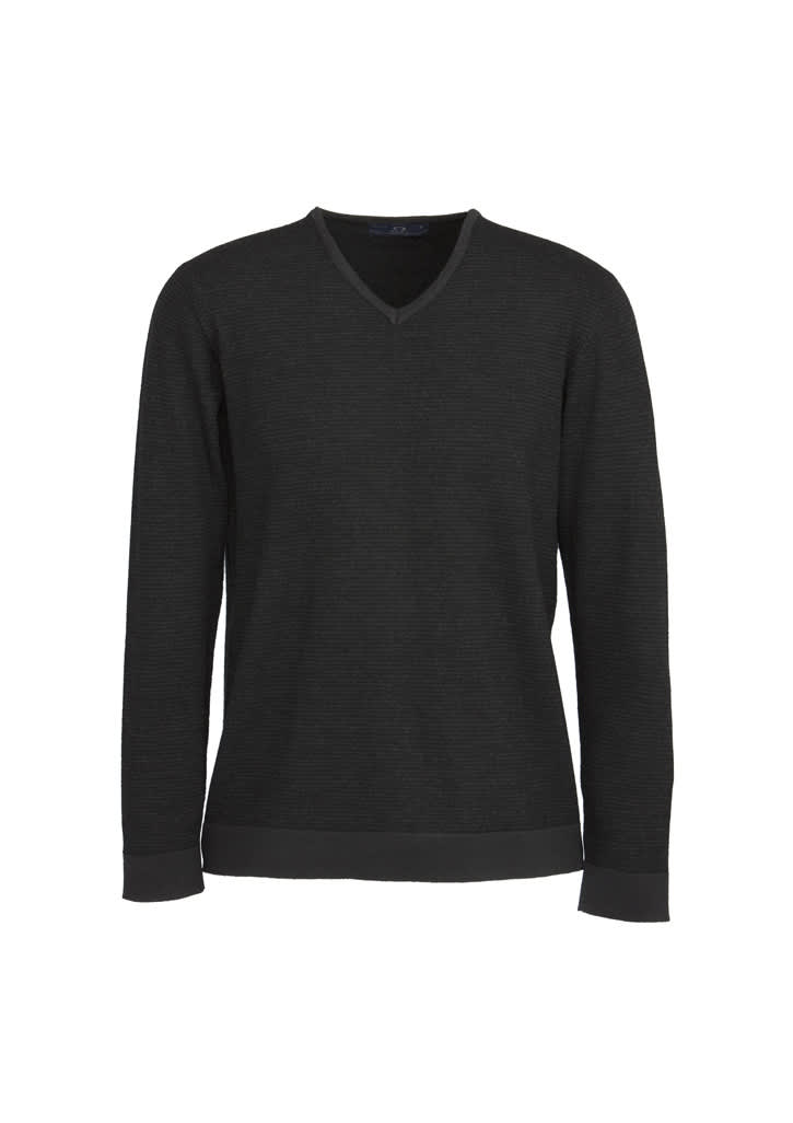 A black men's pullover sweater with a V-neck and long sleeves, featuring ribbed cuffs and hem, and a logo. Mens Origin Merino Pullover - Image 1