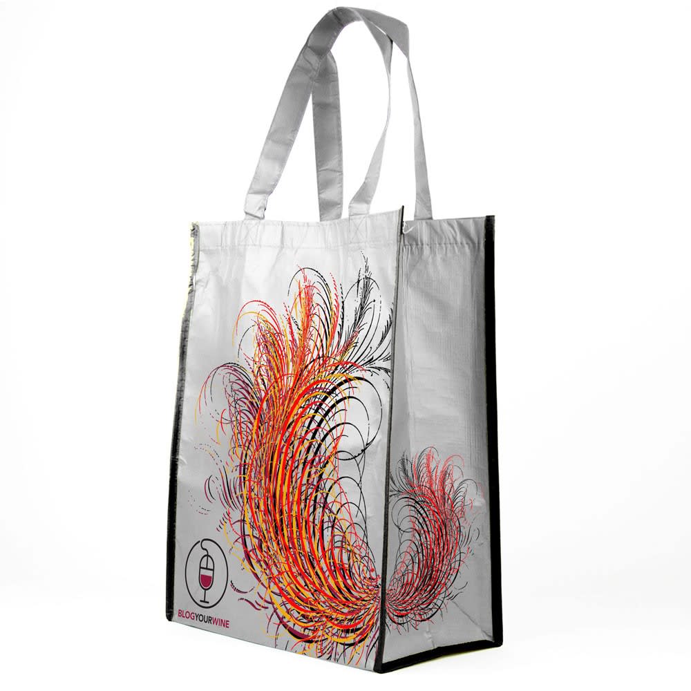 A tote bag featuring a vibrant design with swirling patterns in red, orange, and black, complemented by a logo. Full Colour Printed Conference Bag - Image 1