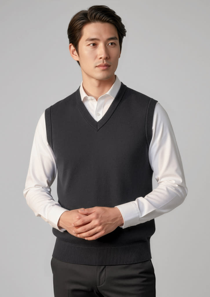 A dark grey woolmix knit vest is displayed on a model, featuring a v-neck and ribbed hem. Mens Woolmix Knit Vest - Image 1