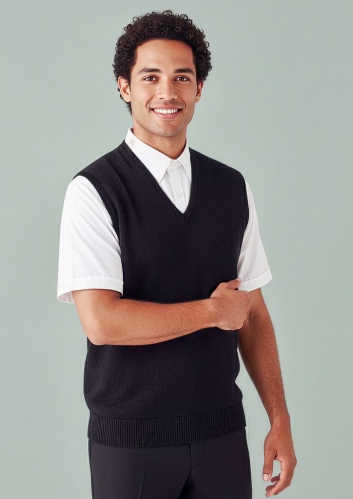 A man wearing a black Milano Mens Vest over a white shirt, featuring a v-neck design. The vest has a logo. Mens Milano Vest - Image 1