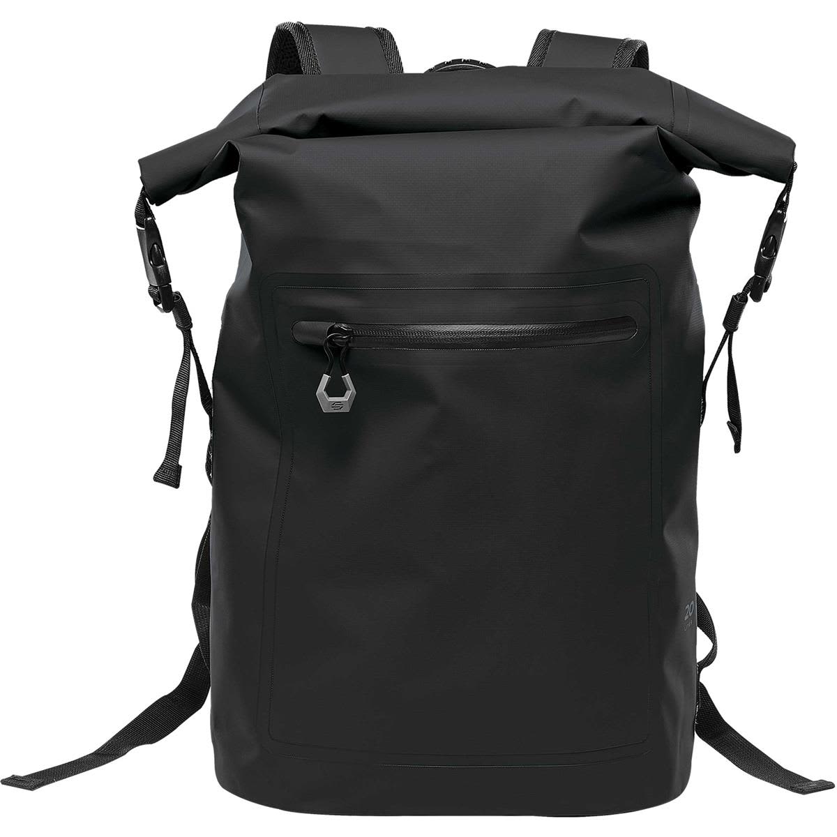 A black waterproof backpack with adjustable shoulder straps and a front zip pocket, featuring a logo. Cirrus Backpack - Image 1