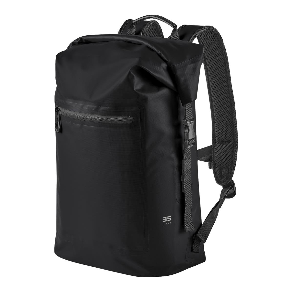 A black waterproof backpack with adjustable straps and a front zip pocket. It has a distinctive branding logo. Cirrus Backpack 35 - Image 1