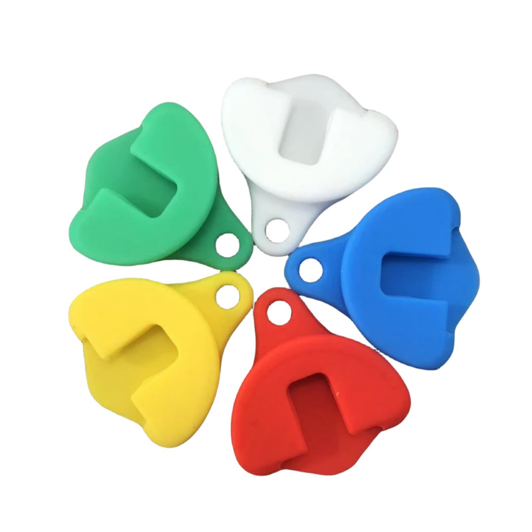 A collection of five beverage can openers in green, white, blue, yellow, and red, featuring a logo on each. Beverage Can Opener - Image 1