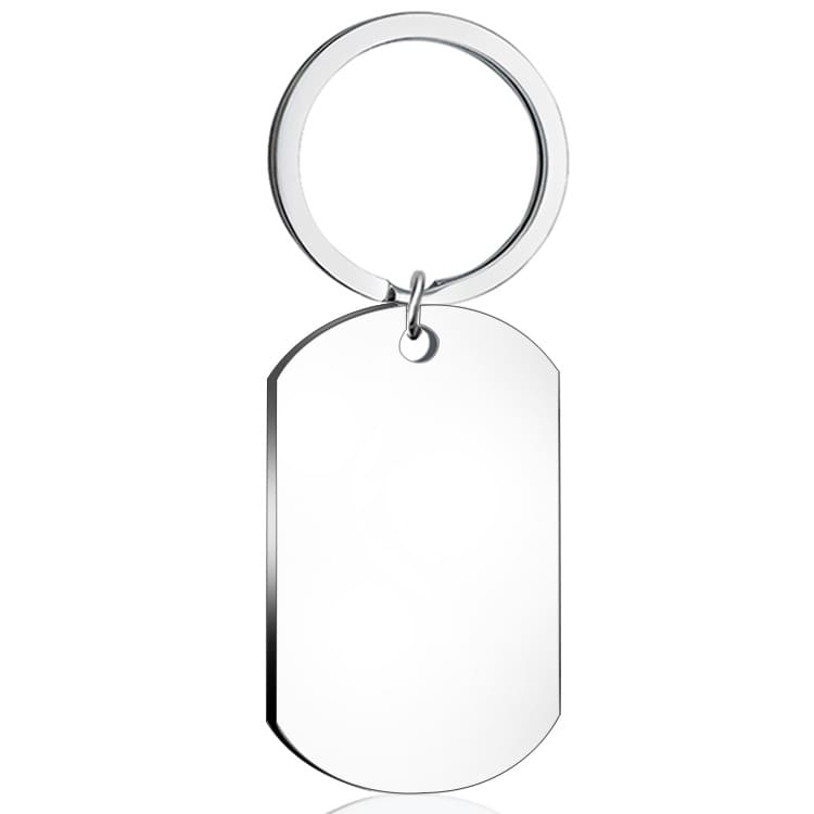 A stainless steel keychain with a shiny, rectangular tag and a circular keyring. The surface is blank and reflective. Stainless Steel Laser Keychain - Image 1