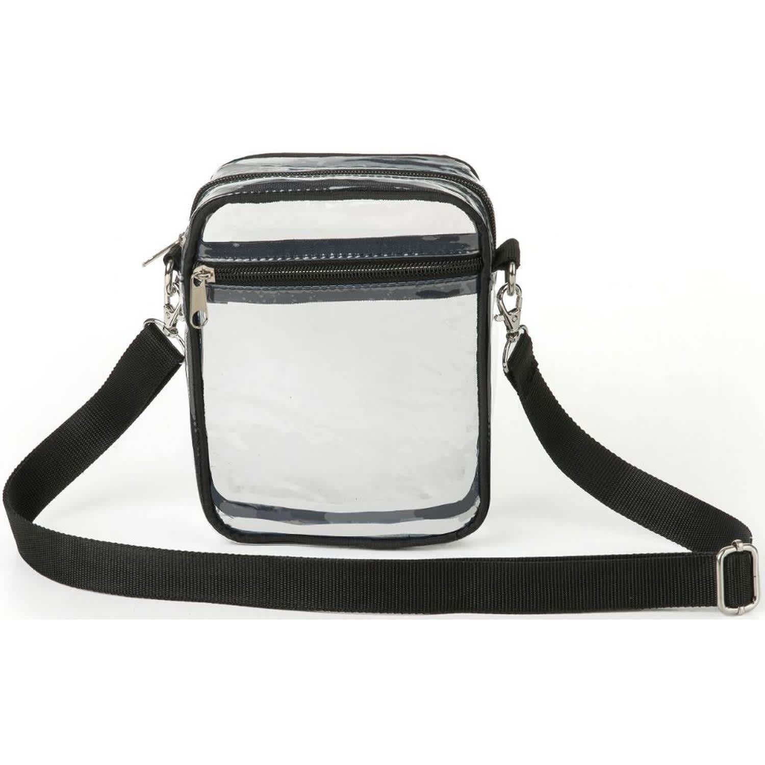 A transparent PVC crossbody bag with a black trim and adjustable strap, featuring a zippered closure. Purse Messenger Handbag Clear PVC Transparent Crossbody Bag - Image 1